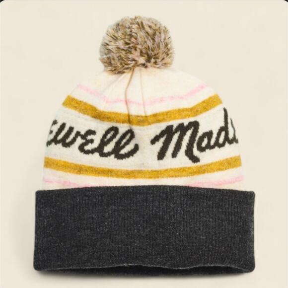 Madewell Retro Pom-Pom Beanie NWT OS cream Gray Pink Yellow - Picture 1 of 5